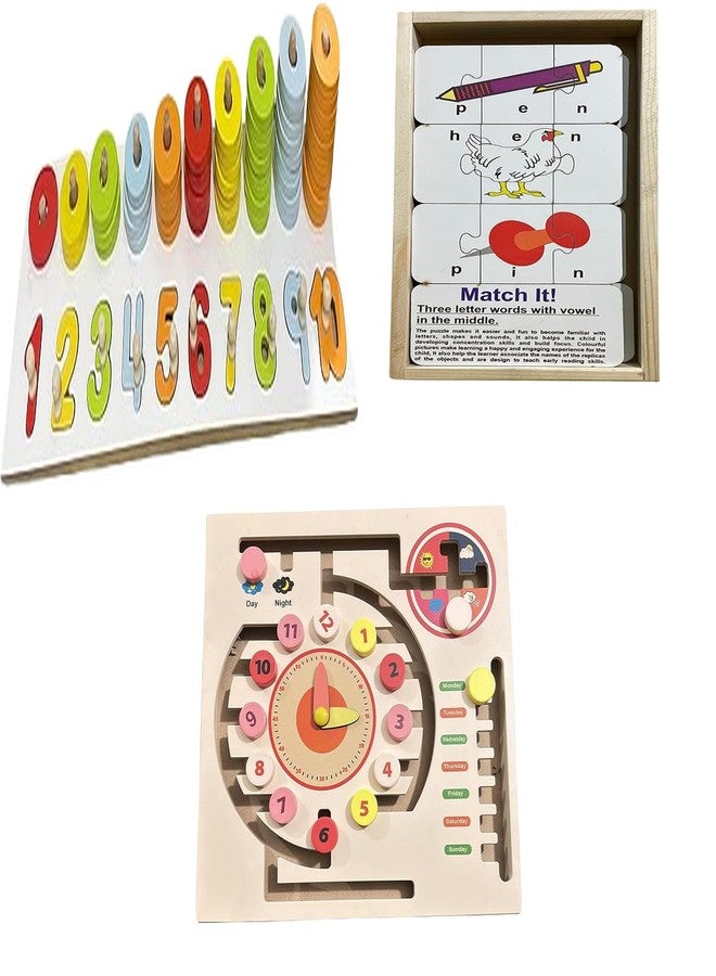 Kinder Creative Peg Number Ring Counting Set,3 Letter Word Puzzles,Maze Game Weather Calendar Clock Puzzle, Educational Puzzle and Toys for Kids Pack of 3 - Image 1